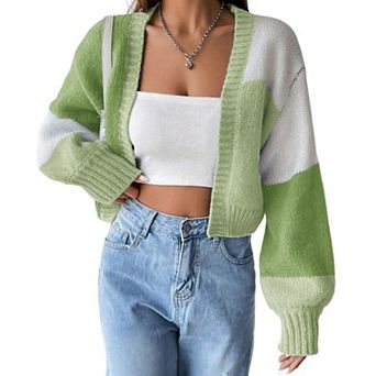 Women's Open Front Cropped Cardigan Sweaters Long Sleeve Chunky Knit Top Color Block Short Cardigan