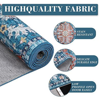 Floral Area Rug, Non-Slip Soft Low-Pile Carpet for Home Rooms