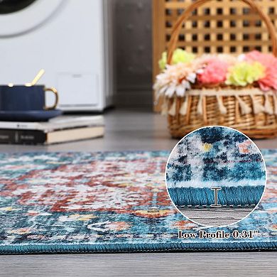 Floral Area Rug, Non-Slip Soft Low-Pile Carpet for Home Rooms