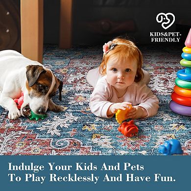 Floral Area Rug, Non-Slip Soft Low-Pile Carpet for Home Rooms