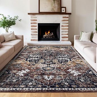 Floral Area Rug, Non-Slip Soft Low-Pile Carpet for Home Rooms