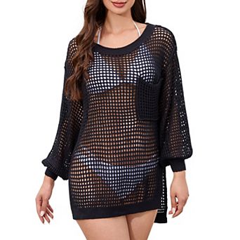 Women's Summer Crochet Hollow Sweater Long Sleeve Crewneck Beach Mesh Cover Up Tunic Top