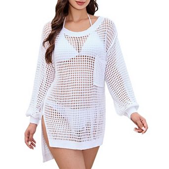 Women's Summer Crochet Hollow Sweater Long Sleeve Crewneck Beach Mesh Cover Up Tunic Top