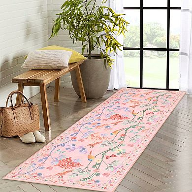 Floral and Bird Washable Rug Non-Slip Soft Kitchen & Living Room Carpet, Machine washable