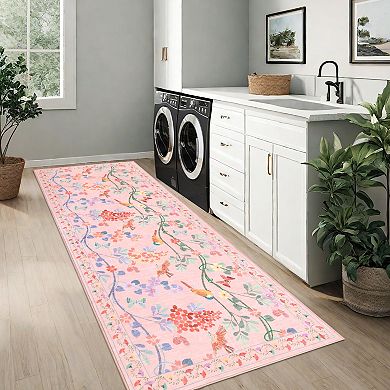 Floral and Bird Washable Rug Non-Slip Soft Kitchen & Living Room Carpet, Machine washable