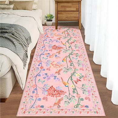 Floral and Bird Washable Rug Non-Slip Soft Kitchen & Living Room Carpet, Machine washable