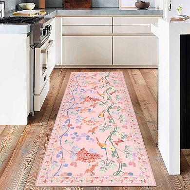 Floral and Bird Washable Rug Non-Slip Soft Kitchen & Living Room Carpet, Machine washable
