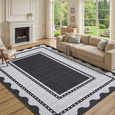 Machine Washable Area Rug, Non-Shedding Low-Pile Non-Slip Stain-Resistant Modern Bordered Carpet