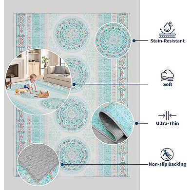 Vintage Floral Washable Rug - Non-Slip Low-Pile Foldable Mat for Home