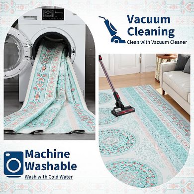Vintage Floral Washable Rug - Non-Slip Low-Pile Foldable Mat for Home