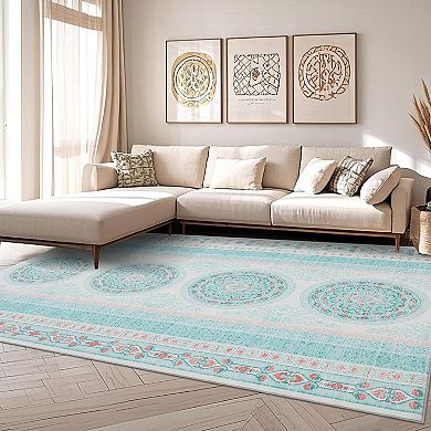 Vintage Floral Washable Rug - Non-Slip Low-Pile Foldable Mat for Home