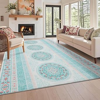 Vintage Floral Washable Rug - Non-Slip Low-Pile Foldable Mat for Home