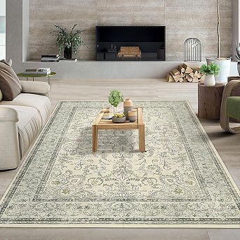 Vintage Floral Washable Rug for Living Room, Multi-size Soft Low Pile Rubber Backed Non Slip Carpet