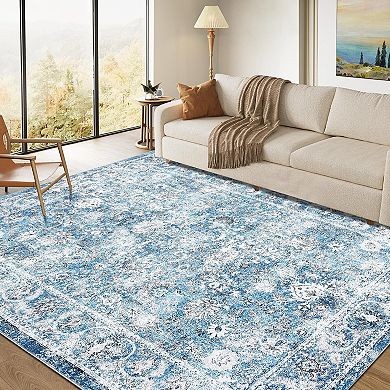 Boho Distressed Floral Rug, Non-Slip Washable, Stain-Resistant Low-Pile Carpet for Home Rooms