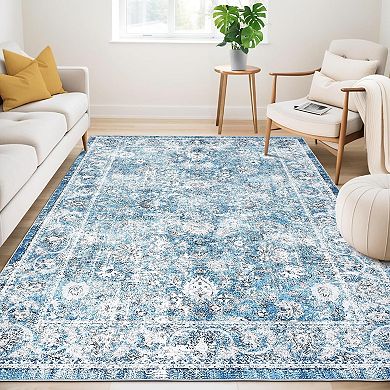 Boho Distressed Floral Rug, Non-Slip Washable, Stain-Resistant Low-Pile Carpet for Home Rooms