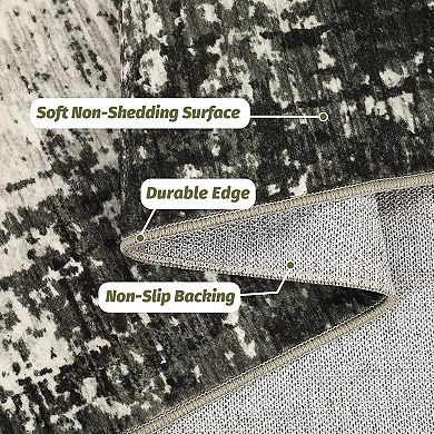 Bordered Abstract Washable Rug, Soft Non-Slip Low-Pile Carpet for Home Rooms