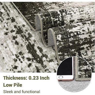 Bordered Abstract Washable Rug, Soft Non-Slip Low-Pile Carpet for Home Rooms