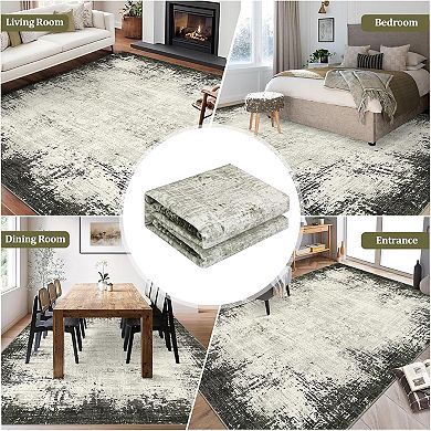 Bordered Abstract Washable Rug, Soft Non-Slip Low-Pile Carpet for Home Rooms