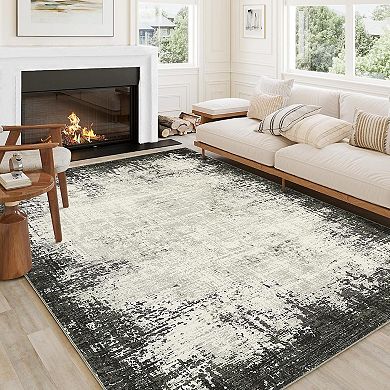 Bordered Abstract Washable Rug, Soft Non-Slip Low-Pile Carpet for Home Rooms
