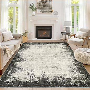 Bordered Abstract Washable Rug, Soft Non-Slip Low-Pile Carpet for Home Rooms