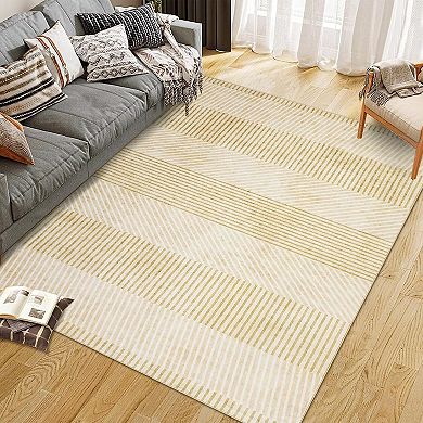 Modern Stripe Area Rug, Machine Washable Non-Slip Low-Pile Carpet for Home Spaces
