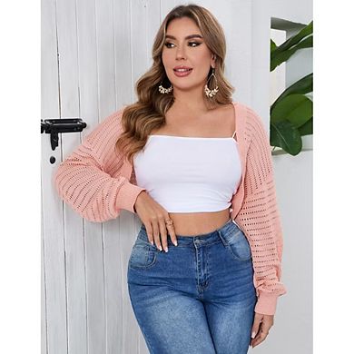 Women's Plus Size Mesh Crop Cardigans for Women Long Sleeve Open Front Sheer Bolero Shrug