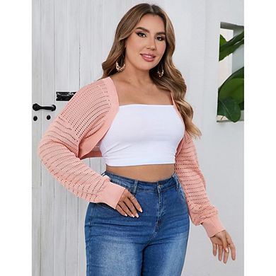 Women's Plus Size Mesh Crop Cardigans for Women Long Sleeve Open Front Sheer Bolero Shrug