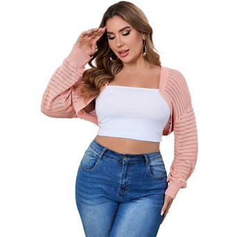 Women's Plus Size Mesh Crop Cardigans for Women Long Sleeve Open Front Sheer Bolero Shrug