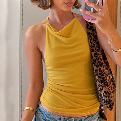 Women's Summer Halter Cami Tops Spaghetti Strap Ruched Tank Going Out Crop Mesh Backless Shirt