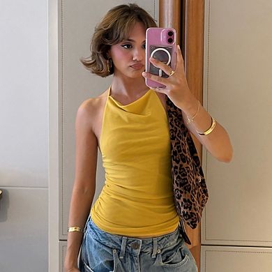 Women's Summer Halter Cami Tops Spaghetti Strap Ruched Tank Going Out Crop Mesh Backless Shirt