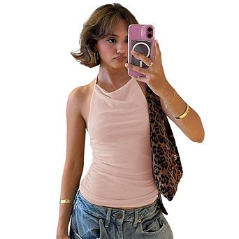 Women's Summer Halter Cami Tops Spaghetti Strap Ruched Tank Going Out Crop Mesh Backless Shirt