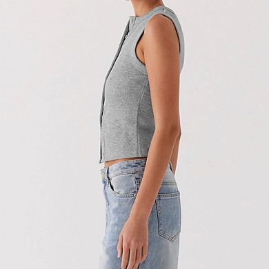 Women's Sleeveless Ribbed Top Button Front Mandarin Collar Fitted Tank