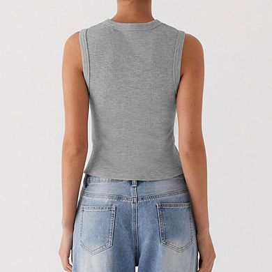 Women's Sleeveless Ribbed Top Button Front Mandarin Collar Fitted Tank