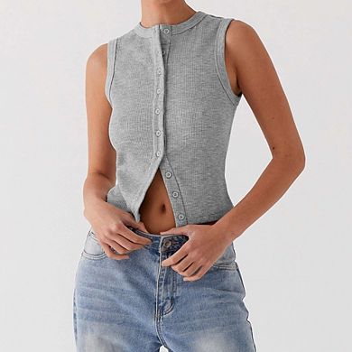 Women's Sleeveless Ribbed Top Button Front Mandarin Collar Fitted Tank