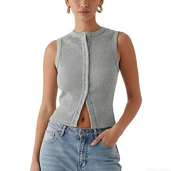 Women's Sleeveless Ribbed Top Button Front Mandarin Collar Fitted Tank