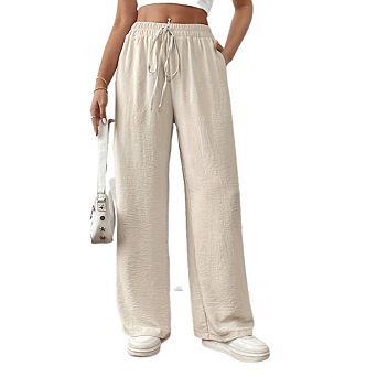 Women's Summer Palazzo Pants Elastic Waisted Tie Flowy Loose Wide Leg Beach Trousers