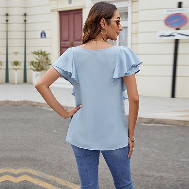 Women's Tops Dressy Casual Ruffle Short Sleeve V Neck Blouses Button Down Work Elegant Shirts