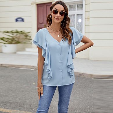 Women's Tops Dressy Casual Ruffle Short Sleeve V Neck Blouses Button Down Work Elegant Shirts
