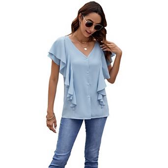 Women's Tops Dressy Casual Ruffle Short Sleeve V Neck Blouses Button Down Work Elegant Shirts