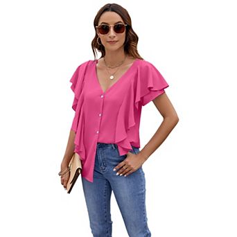 Women's Tops Dressy Casual Ruffle Short Sleeve V Neck Blouses Button Down Work Elegant Shirts