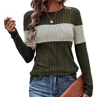 Women's Cozy Textured Sweaters Fashion Knit Striped Long Sleeve Crew Neck Color Block Tunic Tops