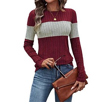Women's Cozy Textured Sweaters Fashion Knit Striped Long Sleeve Crew Neck Color Block Tunic Tops