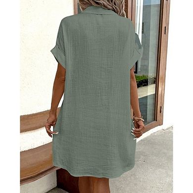 Women's Summer Dresses Simple V-neck Button Solid Color Casual Midi Dress