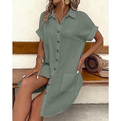 Women's Summer Dresses Simple V-neck Button Solid Color Casual Midi Dress