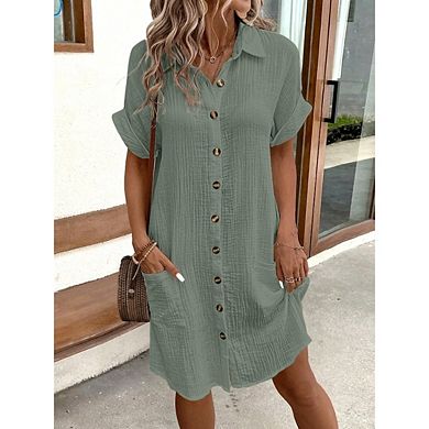 Women's Summer Dresses Simple V-neck Button Solid Color Casual Midi Dress