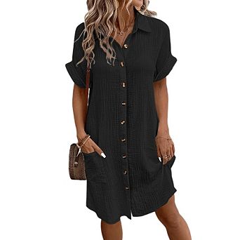 Women's Summer Dresses Simple V-neck Button Solid Color Casual Midi Dress
