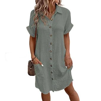 Women's Summer Dresses Simple V-neck Button Solid Color Casual Midi Dress