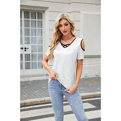Women's V Neck Glitter Sequins Sparkle Shimmer Concert Disco Party Shirts