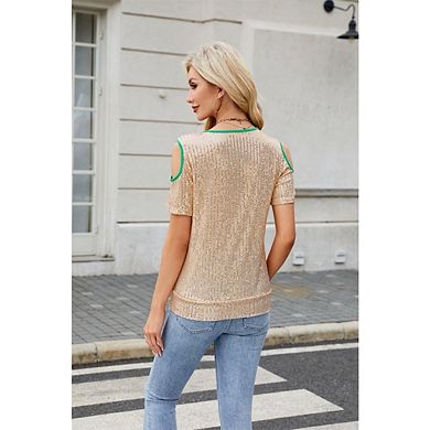 Women's V Neck Glitter Sequins Sparkle Shimmer Concert Disco Party Shirts