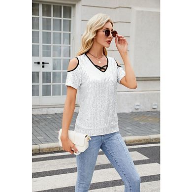 Women's V Neck Glitter Sequins Sparkle Shimmer Concert Disco Party Shirts